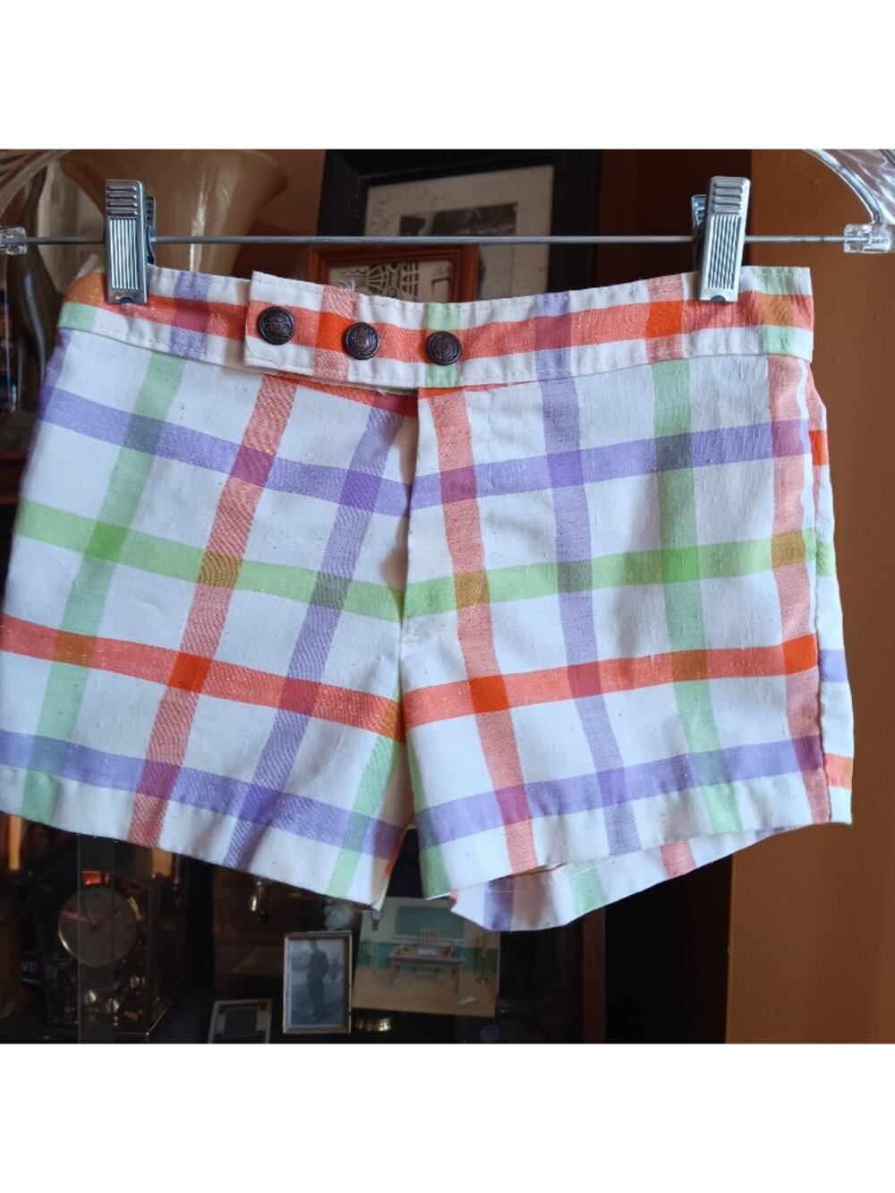 Vintage Girls 10 24W 1980's Multicolor Plaid High-Waisted Cotton Shorts